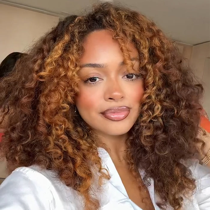Bouncy Curls Wave Human Hair Wig HD Glueless Lace Front Wig Highlight With Brown Color Human Hair Wig- Rafarada