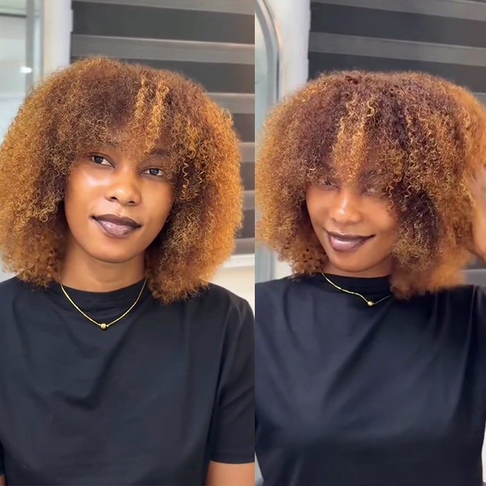 Afro Curly Human Hair Wig Highlight Brown Color Luxury Medium Wig With Bangs Bob Glueless Wig - Rafarada