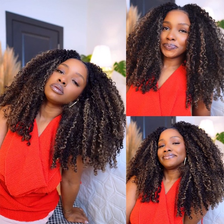 Highlight Kinky Curly Lace Frontal Human Hair Wigs for Women Honey Blonde Ombre Piano Color Wig - Rafarada