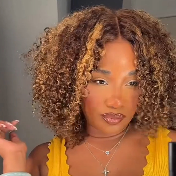 Highlight Brown Piano Color Deep Curly Glueless Human Hair Wig Pre-plucked With Baby Hair Bob Wig - Rafarada