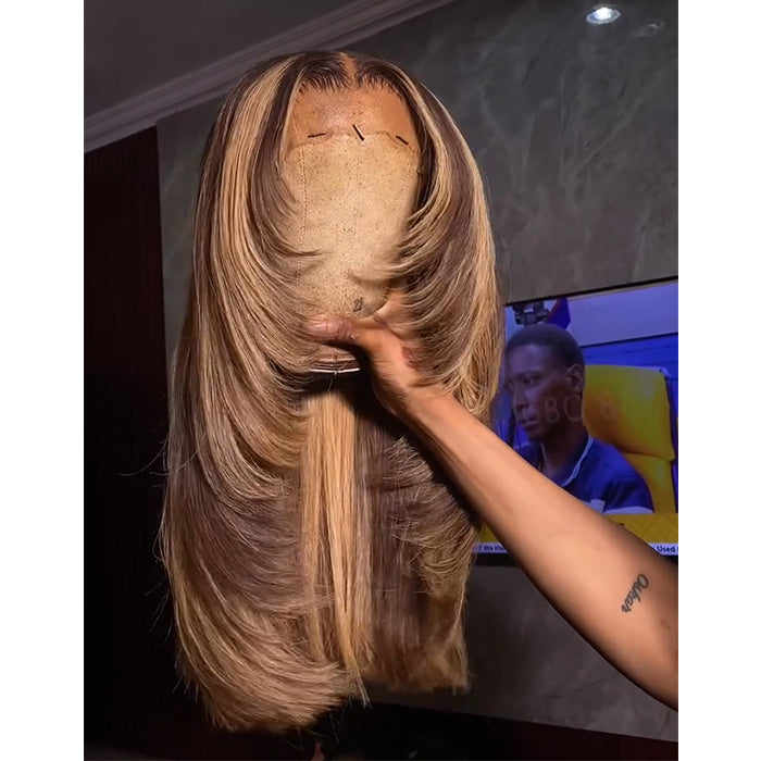 Honey Blonde Highlight Lace Front Human Hair Wigs with Layers Piano Color Chocolate Brown Roots Straight Layered Hair Wig for Women - Rafarada
