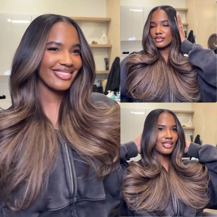 Balayage Brown Body Wave Lace Front Human Hair Wigs Ash Brown Highlights Ombre Glueless Wig for Women - Rafarada