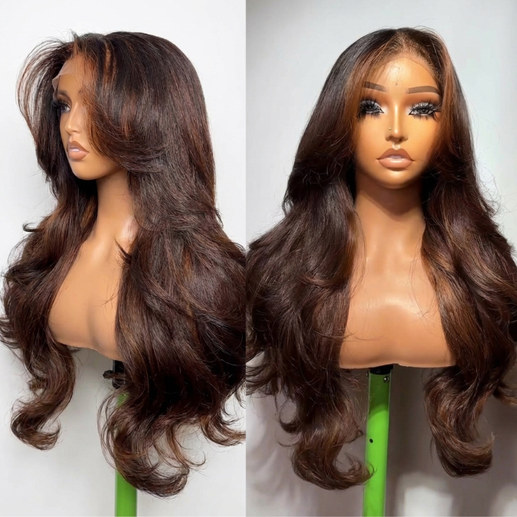 Balayage Brown Body Wave Lace Wig Pre-Plucked Natural Hairline Highlight Dark Brown Loose Wave Human Hair - Rafarada