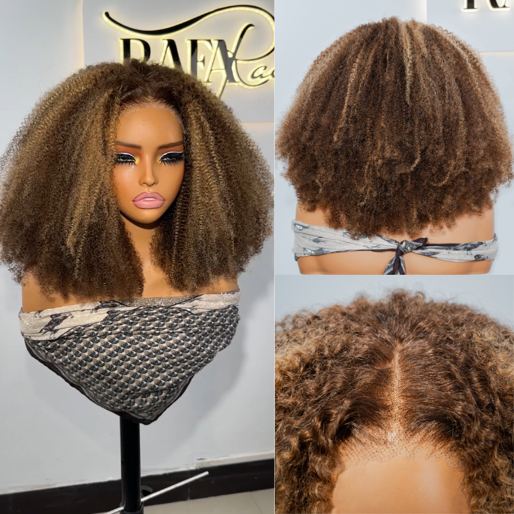 Honey Blonde Highlights Afro Kinky Curly Human Hair Wig Mixed Deep Small Curls Hair - Rafarada