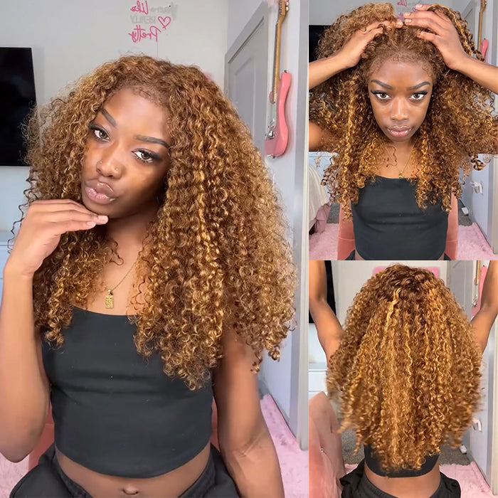 Piano Highlight Kinky Jerry Curly Lace Wig Honey Blonde High Density Human Hair with Baby Hair Wig - Rafarada