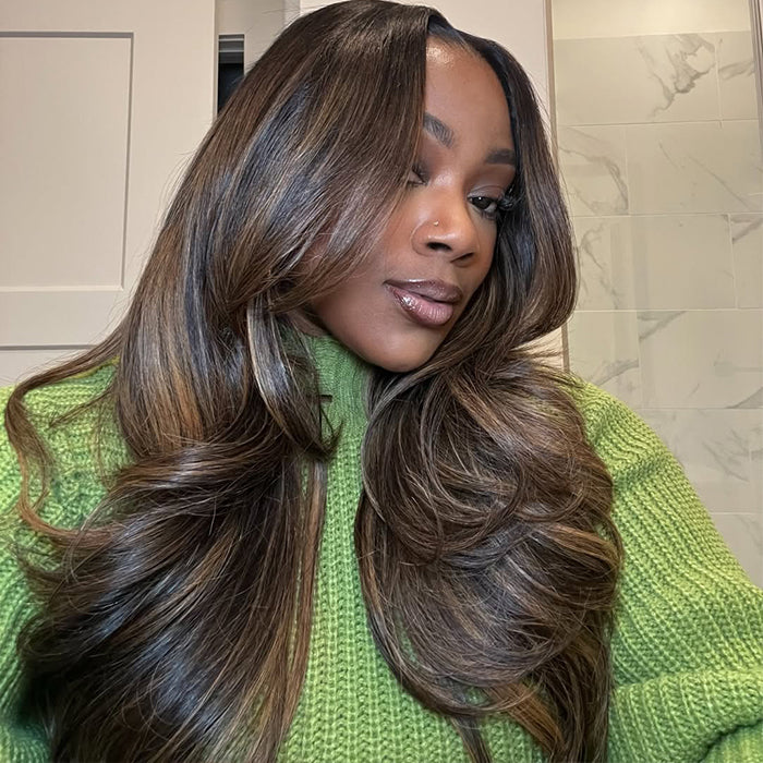 Ash Brown Highlight Lace Front Human Hair Wigs Body Wave Butterfly Cut Layered Hair Glueless Brown Balayage Wigs for Women - Rafarada
