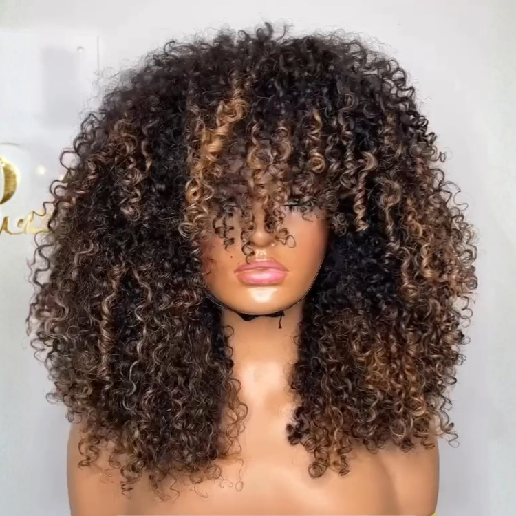 Glueless Chocolate Brown Afro Small Curly Wig with Bangs 6x4 Lace Ombre Brown Human Hair Wigs Bouncy Jerry Curl Fringe Wig Pre-Plucked & Beginner Friendly - Rafarada