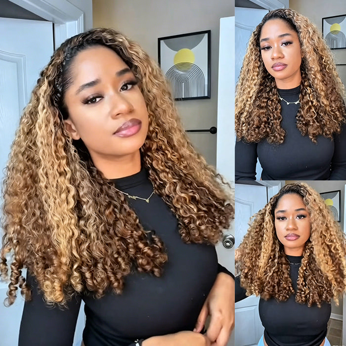 Glueless 3/4 Half Wig Human Hair Burmese Curly P4/27 Highlight Honey Blonde Half Wig for Women - Rafarada