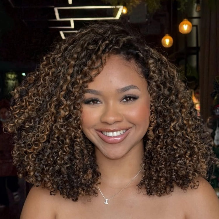 Honey Blonde Highlight Jerry Curly Lace Front Human Hair Wigs High Density Piano Color Brown & Blonde Mixed Curly Wig - Rafarada