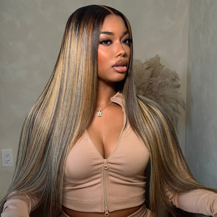 Silky Straight Highlight Wig with Money Piece Blonde Striped Glueless Wear and Go Wig for Women - Rafarada