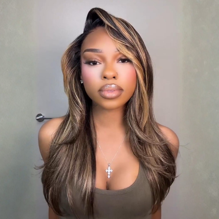Piano Color Highlighted Body Wave Wig Glueless Layered Side Part Human Hair Wig - Rafarada
