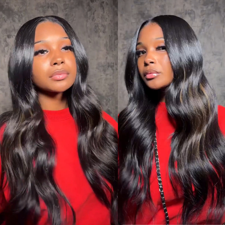 Glueless Loose Body Wave Lace Front Wig - Natural Black with Brown Highlights 100% Human Hair HD Lace Wigs for Women- Rafarada