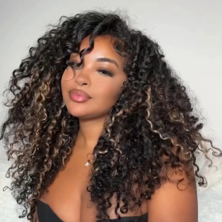 Flash Sale | Bouncy Curly Wig Highlight Color Clip In Wave 13x4 HD Lace Frontal Human Hair Wig Colored Wig - Rafarada