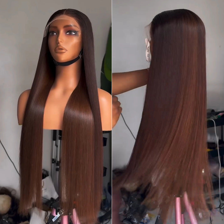 Dark Brown Highlight Color Straight Human Hair HD Lace Front Wig - Rafarada
