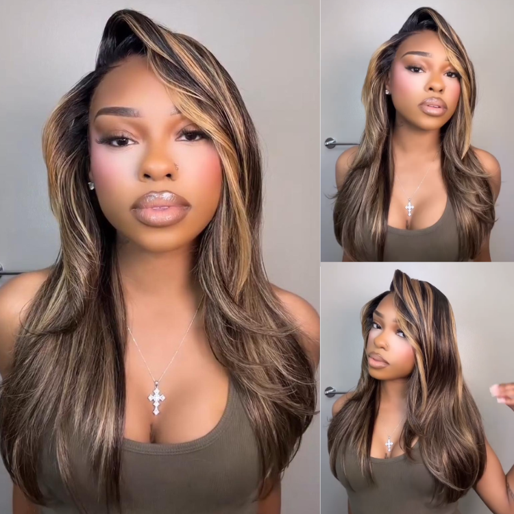 Piano Color Highlighted Body Wave Wig Glueless Layered Side Part Human Hair Wig - Rafarada