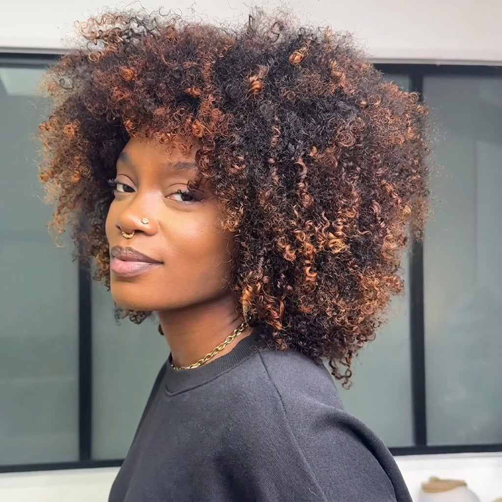 Vibrant Kinky Curly High-Definition Lace Wig Natural Black with Copper Highlights Hair - Rafarada