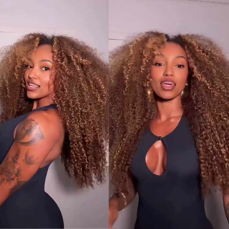 Honey Blonde Highlight Kinky Curly Human Hair Wigs High Density Bouncy Curly Lace Frontal Wig Balayage Mix Color Hair - Rafarada