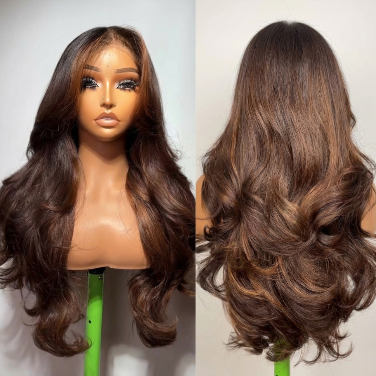 Balayage Brown Body Wave Lace Wig Pre-Plucked Natural Hairline Highlight Dark Brown Loose Wave Human Hair - Rafarada