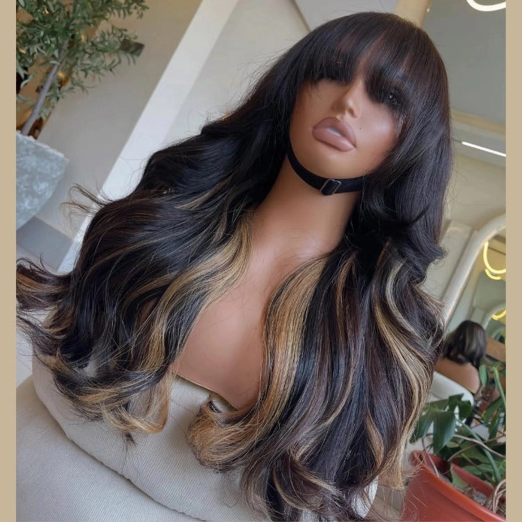 Body Wave Wigs Blonde Highlight Human Hair Wig HD Lace Frontal Human Hair Wig Pre Plucked Wig With Bangs - Rafarada