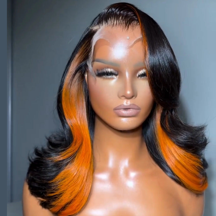 Ombre Black With Orange Color Bob Body Wave Hair Lace Front Wig - Rafarada