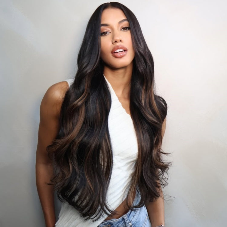 Highlight Black Colored Body Wave Wig Human Hair Pre Cut Lace Pre Plucked Hairline Wigs - Rafarada