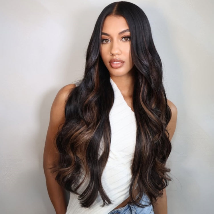 Highlight Black Colored Body Wave Wig Human Hair Pre Cut Lace Pre Plucked Hairline Wigs - Rafarada