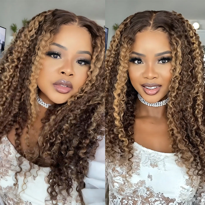 Piano Color Highlight Deep Wave Lace Frontal Wig Glueless Remy Human Hair Curly Wig - Rafarada