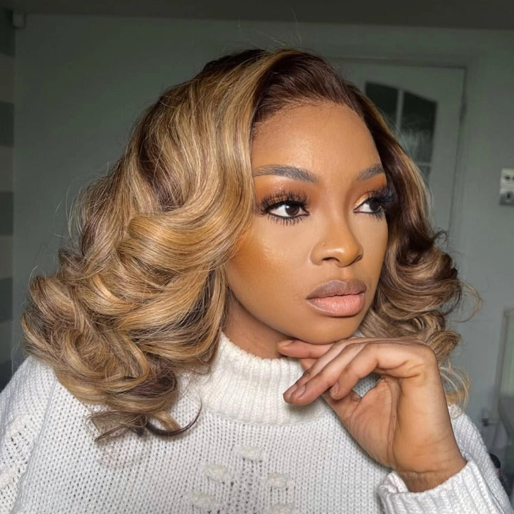 Colored Loose Wave Bob Wig Blonde Highlight Human Hair HD Transparent Lace Wigs - Rafarada