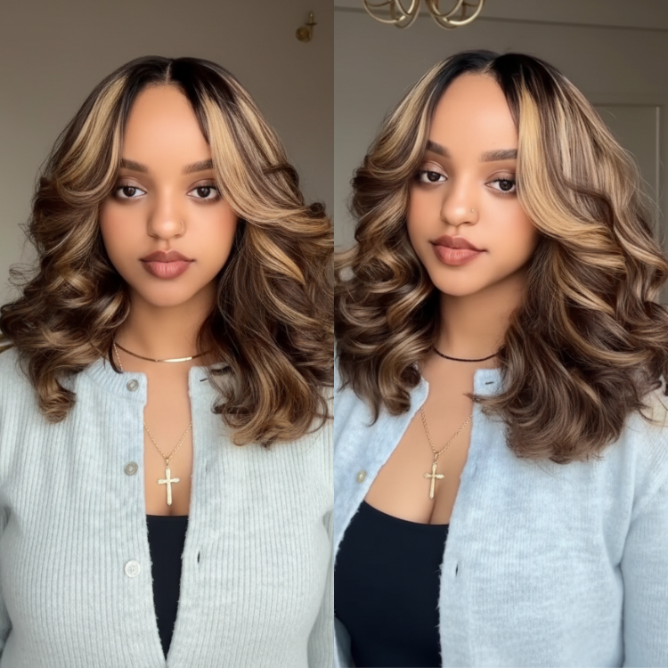 Honey Blonde Highlight Body Wave Human Hair Wig Money Piece Highlight Color Voluminous Curls Lace Frontal Dark Brown Balayage Wig - Rafarada