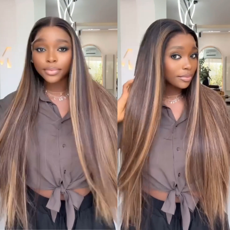 Glueless Highlight Straight Lace Wig Ombre Brown Honey Blonde Pre-plucked Bone Straight Hair - Rafarada
