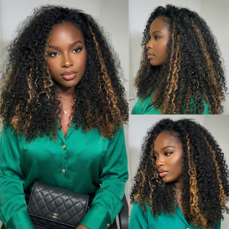 Honey Blonde Highlight Kinky Curly Lace Front Wig Long Voluminous Piano Color Curly Ombre Highlight Deep Curly Wig - Rafarada