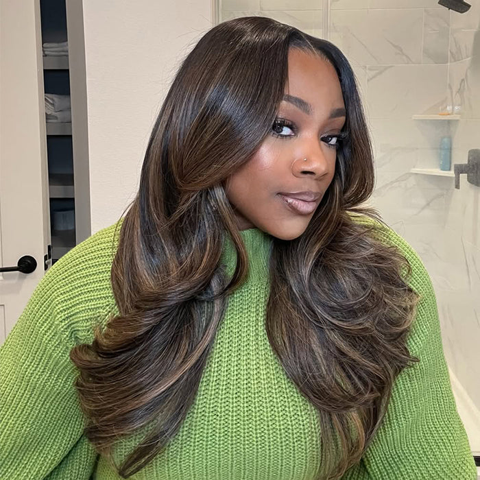 Ash Brown Highlight Lace Front Human Hair Wigs Body Wave Butterfly Cut Layered Hair Glueless Brown Balayage Wigs for Women - Rafarada