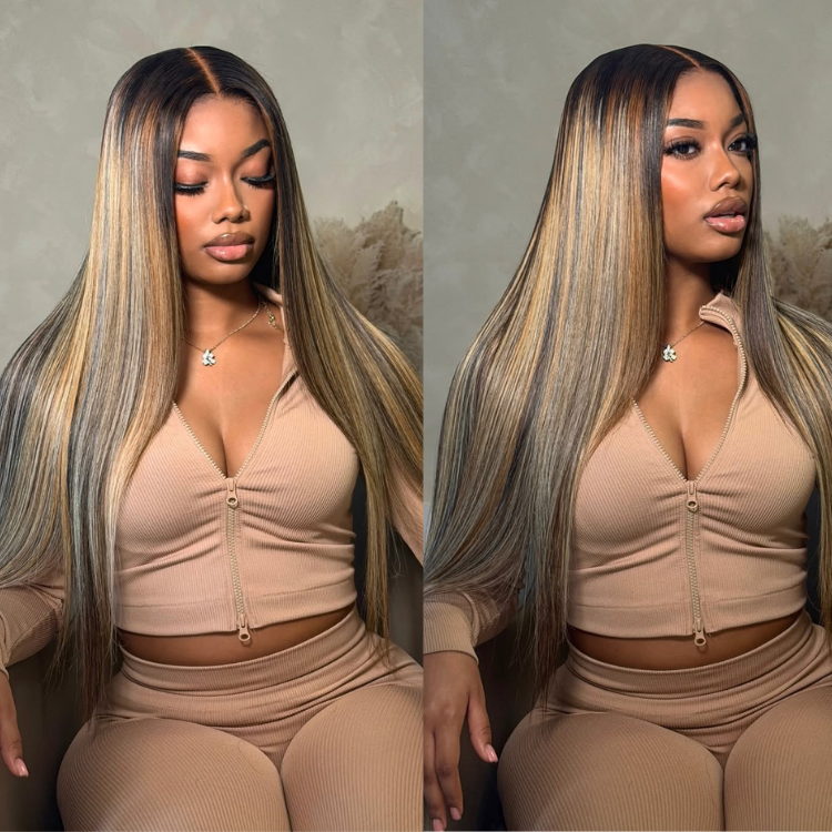 Silky Straight Highlight Wig with Money Piece Blonde Striped Glueless Wear and Go Wig for Women - Rafarada