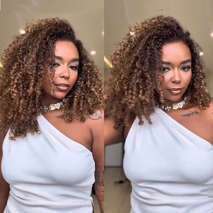 Highlight Honey Blonde Afro Curly Human Hair Wigs Ombre Brown Mixed Blonde Wigs for Women - Rafarada