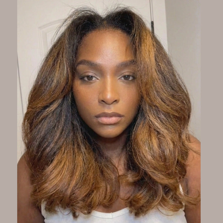 Layered Straight Lace Front Human Hair Wigs Highlight Black With Light Brown Color Glueless Lace Wig 100% Human Hair- Rafarada