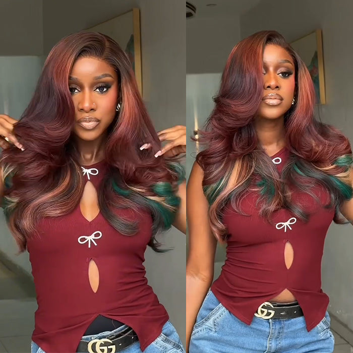 Dark Red & Green Highlights Body Wave with Blonde Hair Wig Glueless Layered Side Part Human Hair - Rafarada