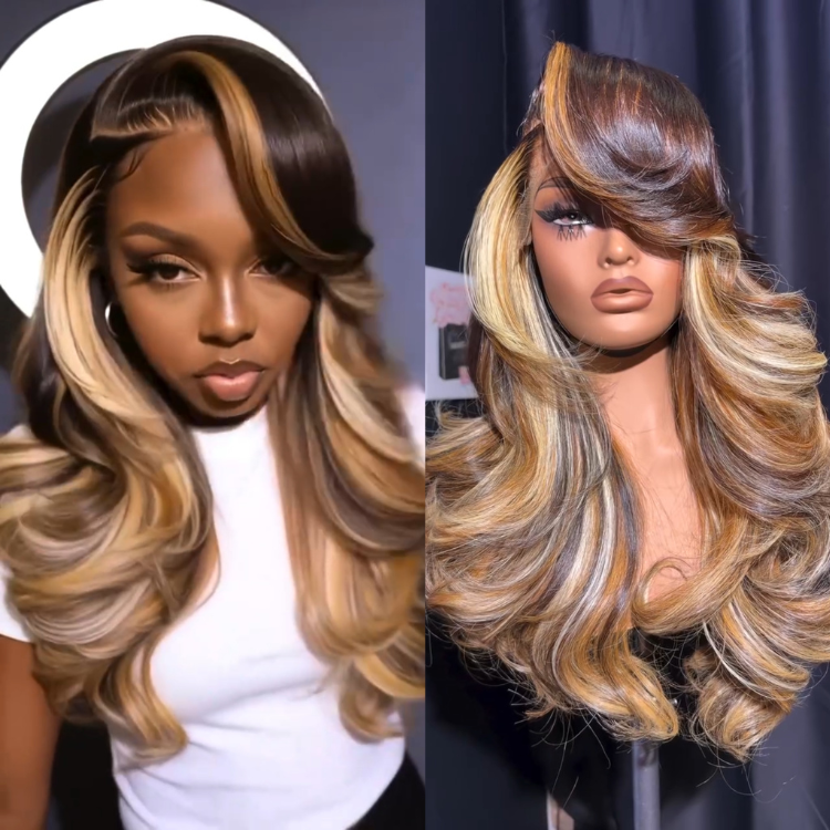 Honey Blonde Highlighted Layered Bouncy Curls Lace Front Human Hair Wig Balayage Mix 13x4 Lace Wig - Rafarada