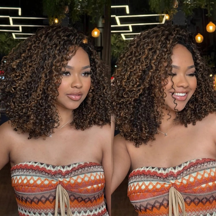 Honey Blonde Highlight Jerry Curly Lace Front Human Hair Wigs High Density Piano Color Brown & Blonde Mixed Curly Wig - Rafarada