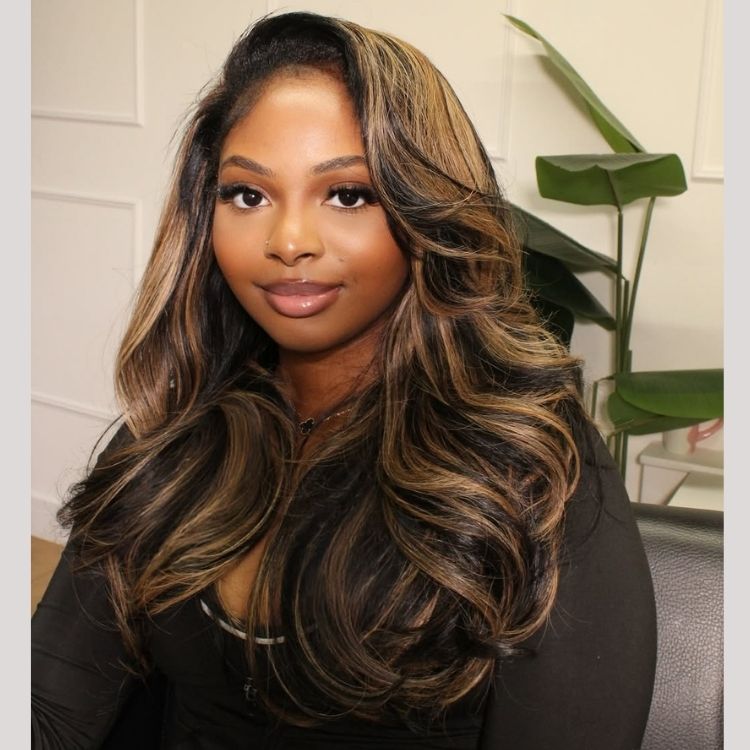 Highlight Wig Loose Wave Wig Human Hair Black With Blonde Color HD Lace Front Wig - Rafarada
