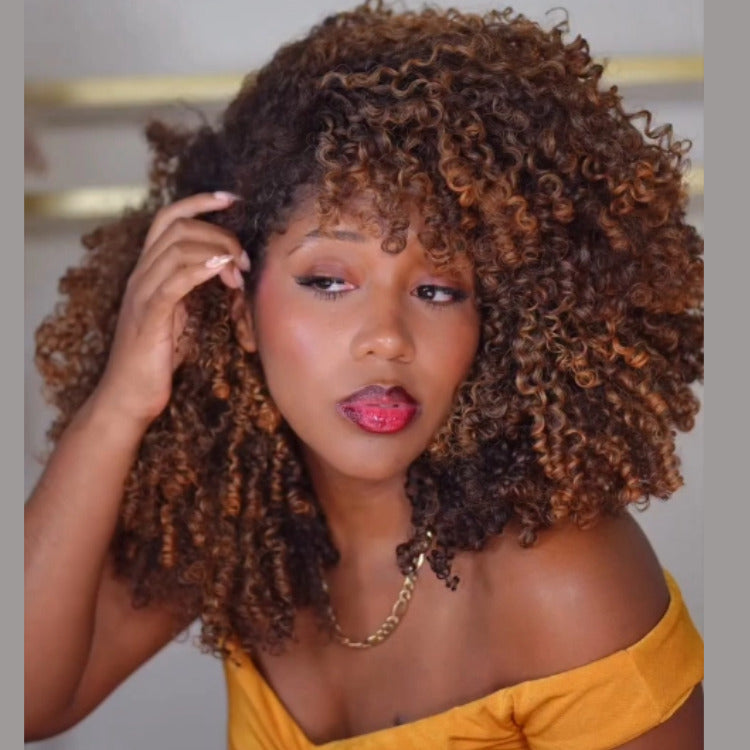 Wear and Go Wig Highlight Color Spiral Kinky Curly Lace Front Human Hair With Bangs Wigs - Rafarada