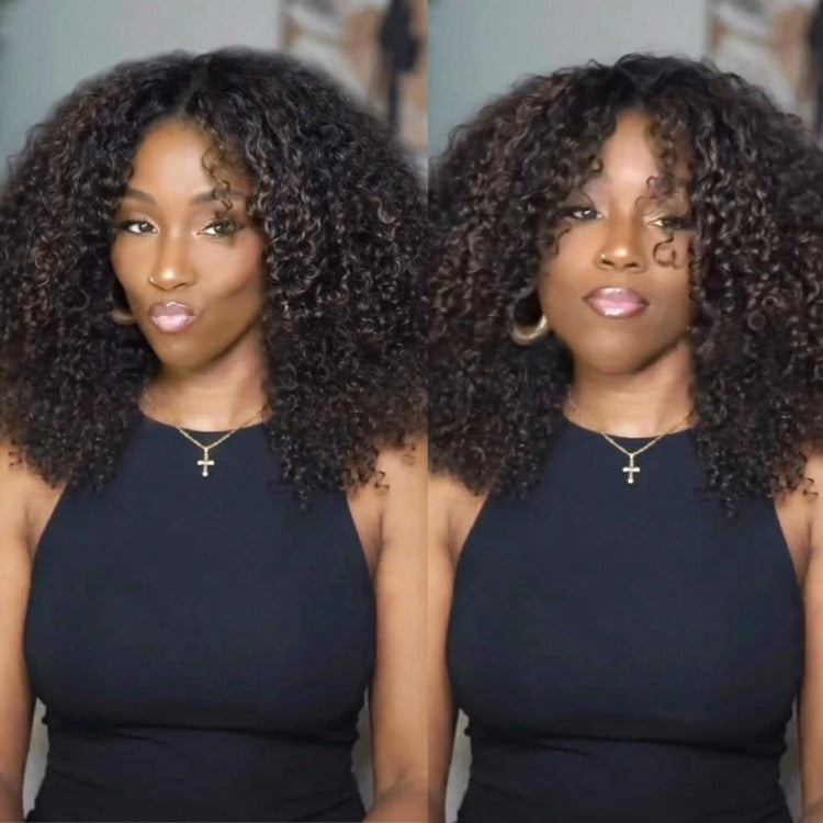 Afro Curly Hair V Part Wig Full And Thick Highlight Brown Color 100% Human Hair Wigs For Beginner Friendly- Rafarada