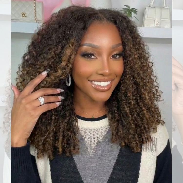 Honey Blond Highlight Burmerse Curly Lace Front Human Hair Wigs Glueless Wear Go Wigs