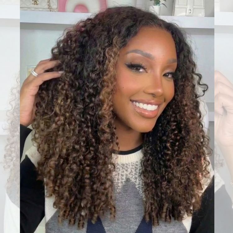 Honey Blond Highlight Burmerse Curly Lace Front Human Hair Wigs Glueless Wear Go Wigs