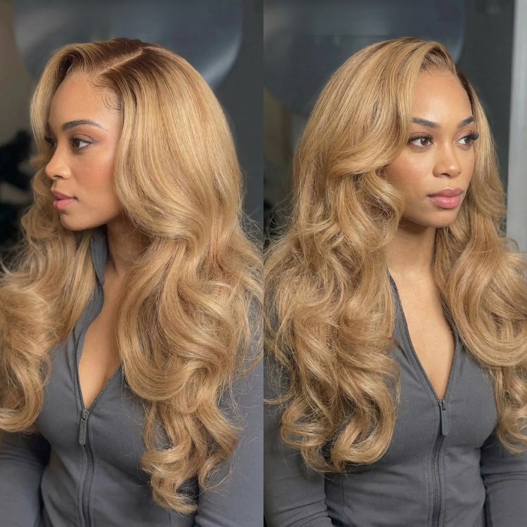Honey Blonde Body Wave Lace Front Human Hair Wigs #27 Pre-Plucked Glueless HD Transparent Lace Wigs for Women - Rafarada