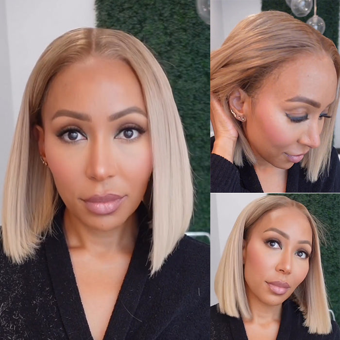 Short  Bob Wig Honey Blonde Color Straight Human Hair Wig Glueless Lace Wig Pre Plucked Natural Hairline For Woman - Rafarada