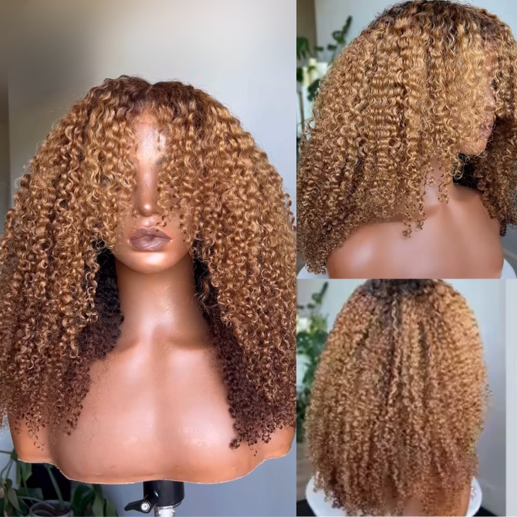 Honey Glaze Short Dark Root Ombre Kinky Curly Hair Extra Full Bouncy Curly Glueless Brown Jerry Curl Wig - Rafarada