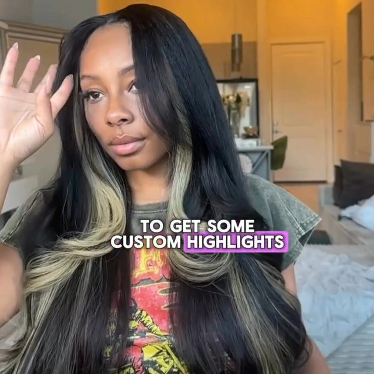 Black Wig With Blonde Skunk Stripe 13x4 Lace Front Straight Human Hair Wigs - Rafarada