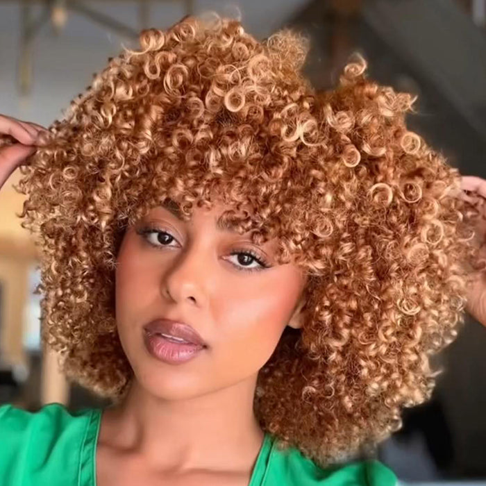 Short Bob Honey Blonde Color Afro Kinky Curly Human Hair Wig With Bangs Tight Coil Wig For Women- Rafarada