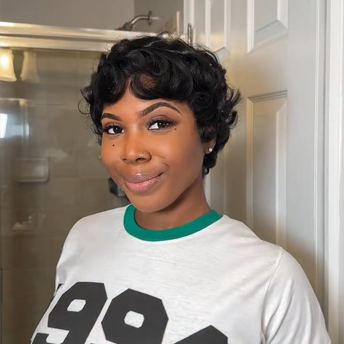 Full Lace Free Part Wig Short Pixie Cut Loose Curly Human Hair Lace Front Wigs Natural Black Color For Women - Rafarada