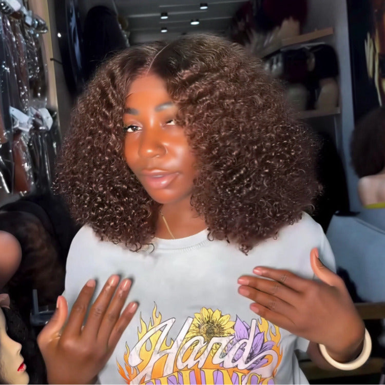 Dark Brown Color Bob Kinky Curly 100% Human Hair Wigs Glueless Lace Wig Pre-Plucked Natural Hairline - Rafarada
